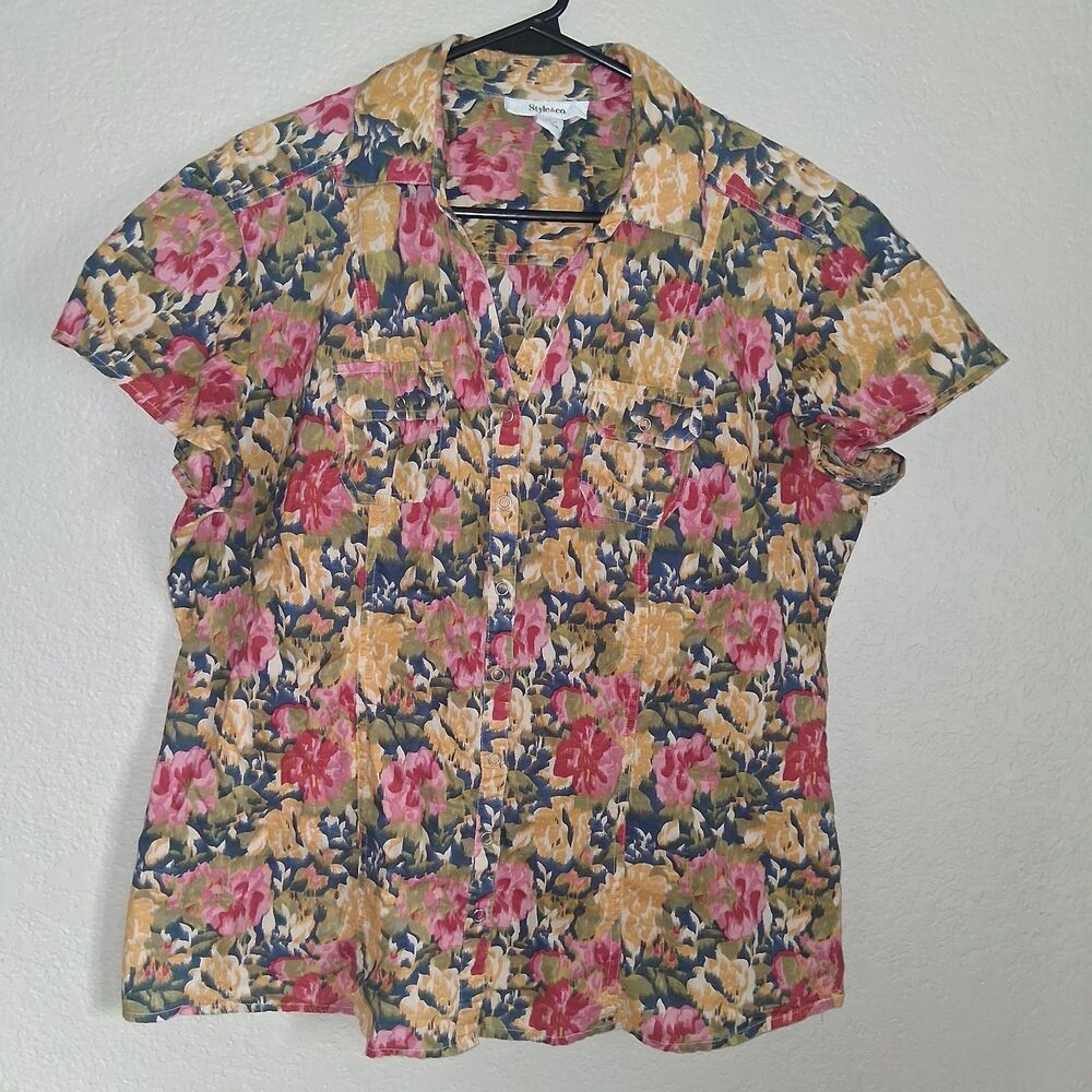 Style & Co Floral Snap-Front Blouse Size 12 Garden Cottagecore Western Prarie